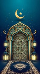 Eid Mubarak - Ornate Archway with Crescent Moon and Star for Islamic Celebrations.