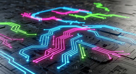 Abstract futuristic circuit board with neon light, technology background, artificial intelligence, computer hardware, motherboard, data processing