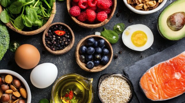 spice. Assorted fresh Asian ingredients on rustic stone, vibrant colors and natural styling in overhead view. menu design.