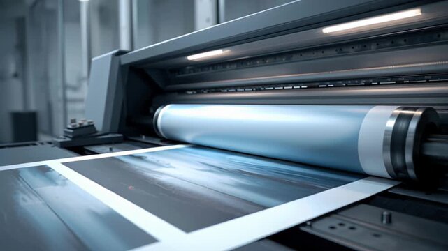 High-quality printer in action, producing vibrant prints with a smooth motion, showcasing the continuous flow of images being processed, camera follows the printing sequence