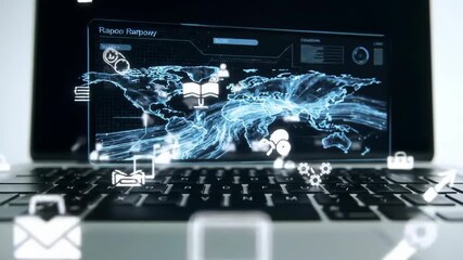 A glowing blue digital world map with various communication icons hovers above a laptop, illustrating global networking, big data, and futuristic technology concepts - Powered by Adobe