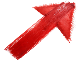 Hand painted red arrow pointing diagonally upward with textured brush strokes, cutout, PNG isolated on white or transparent background