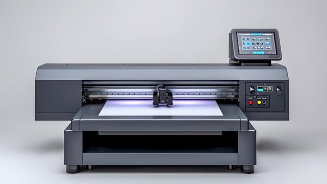 High-tech printing machine in action, showcasing the printing process with gradual movement, camera follows the printer head as it prepares to print on a blank sheet