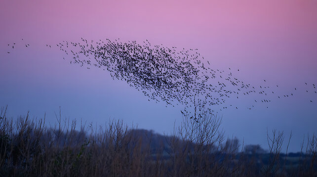 A massive flock of birds flies across a dusky sky, silhouetted against twilight.