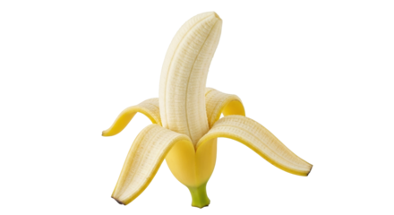 Isolated banana with peeling partially removed, the fruit is nearly fully visible, food item