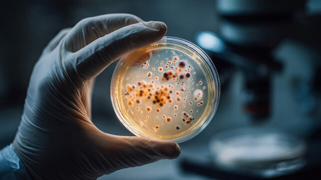 Science and Life. A scientist holding a Petri Dish with Virus - Powered by Adobe