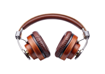 Stylish upscale brown leather headphones isolated detailed studio shot for audio enthusiasts