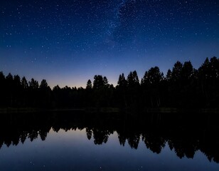 A nighttime scene featuring a dark, calm lake reflecting a vibrant, star-filled sky and the silhouette of a dense forest along the horizon