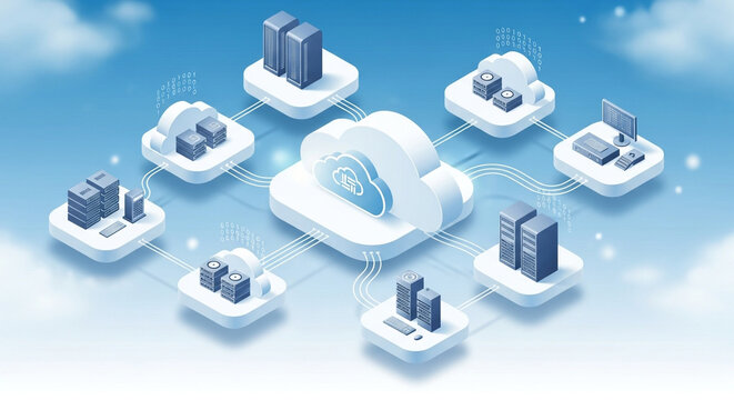 Isometric cloud computing network diagram with server, database, and device icons connected in a distributed system, isolated on white background - Powered by Adobe