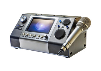 Modern karaoke machine with microphone displaying music ready for singing fun