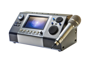 Modern karaoke machine with microphone displaying music ready for singing fun