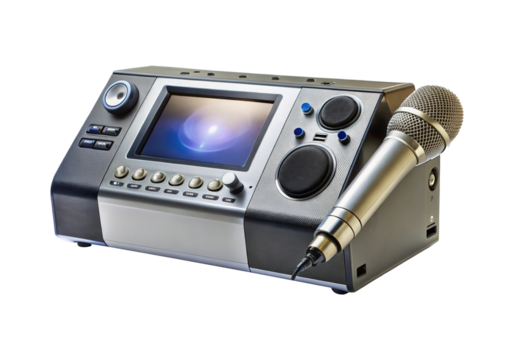 Modern karaoke machine with microphone displaying music ready for singing fun