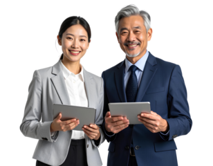 Smiling diverse business professionals a man and a woman holding tablets and looking