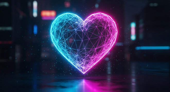 A glowing heart made of neon lights, with a blue and pink color scheme, stands out against a dark, futuristic cityscape backdrop - Powered by Adobe