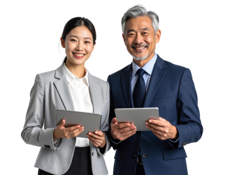 Smiling diverse business professionals a man and a woman holding tablets and looking