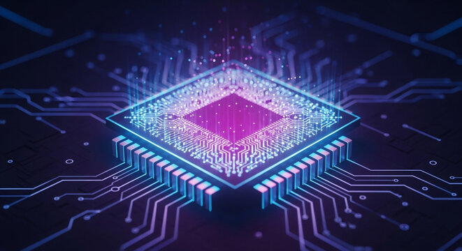 Advanced microchip with glowing circuits, reflecting the complexity and power of modern computing technology and data processing capabilities