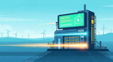 Obraz premium Futuristic energy station with wind turbines in the background, showcasing sustainable power generation and innovative technology for a greener future