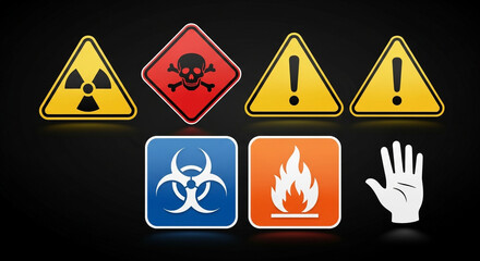 Collection of various hazard warning signs, including radiation, toxic, attention, biohazard, flammable, and do not touch symbols on black