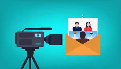Digital illustration showing a video camera pointed at an open envelope with a virtual meeting invitation card inside.