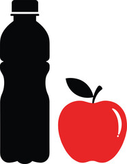 Healthy red apple and black water bottle illustration on gray background for nutrition, fitness, and wellness concept