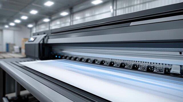 High-tech printing machine in action, showcasing continuous paper feed and vibrant color output, with dynamic camera movement capturing the process of printing