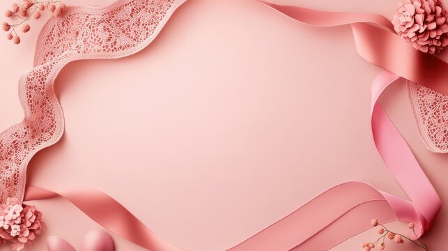 Pink Ribbons and Lace on Pastel Background, Romantic Design, Valentine's Day, Wedding, Feminine, Copy Space, Flat Lay