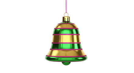 Isolated ornament bell with stripes, green and gold metallic, decorative hanging object