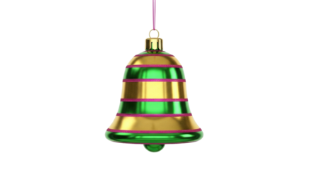 Isolated ornament bell with stripes, green and gold metallic, decorative hanging object