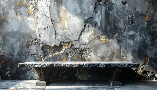 A rough-hewn, rectangular stone table sits before a weathered, cracked wall with patches of rust and dramatic shadows - Powered by Adobe