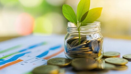 A jar filled with coins with a small plant growing out of it, illustration of unexpected growth