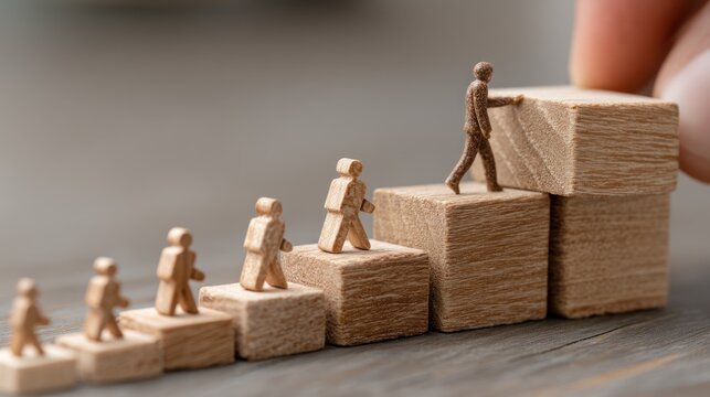 Miniature figures ascending a stairway of wooden blocks, representing growth and progression.