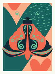 Colorful geometric moth artwork, bohemian folk art insect poster, vintage wall decor for home interior