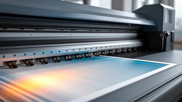 High-quality printer in action, producing vibrant artwork with a gradual zoom in, showcasing the intricate details of the print and the machine's precision