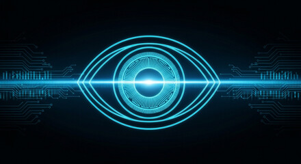 Futuristic eye vision technology with digital circuit board and glowing light, representing artificial intelligence and surveillance system