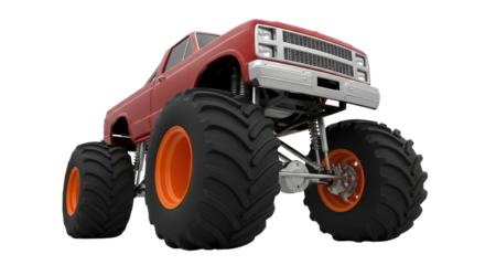 Isolated red monster truck with oversized tires, suspension, and chrome accents ready for action