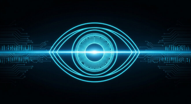 Futuristic eye vision technology with digital circuit board and glowing light, representing artificial intelligence and surveillance system