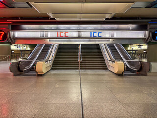 Split-flap display above the staircase leading to the first floor of the International Congress Center, Berlin. The Split-flap display is used for navigation to the 80 halls and rooms.