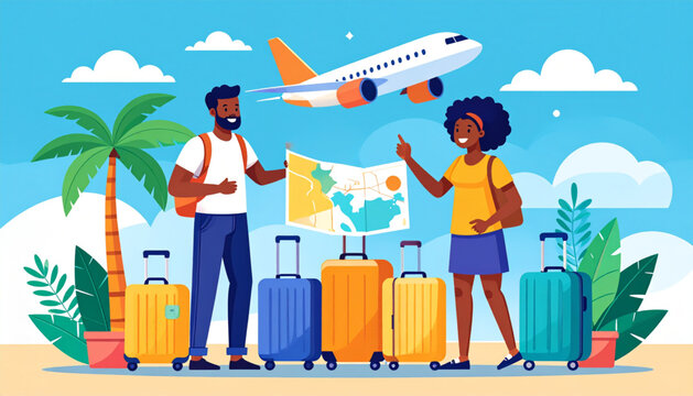 Tropical vacation couple with luggage and map illustration.eps
- Powered by Adobe