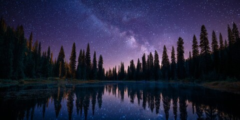 Obraz premium Serene Night Sky Over Calm Lake Surrounded by Pine Trees and Reflected Stars in a Tranquil Wilderness Scene