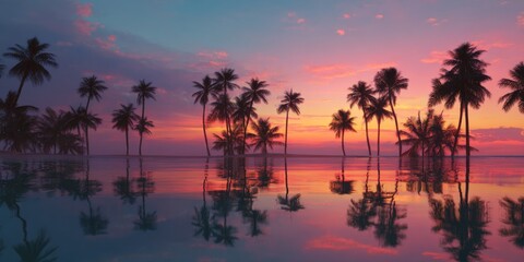Obraz premium Tropical Sunset with Silhouetted Palm Trees and Reflections on Calm Water at Dusk in Vibrant Colors