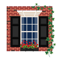 window with black shutters on a brick wall with an ivy branch, traditional for an English house, is made in a flat style and highlighted on a white background. stock vector illustration. EPS 10