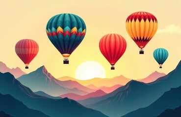 Fototapeta premium Colorful hot air balloons floating over mountain landscape at sunrise