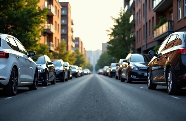 Fototapeta premium Empty city street lined with parked cars and modern apartment buildings during daylight