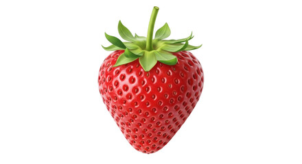 Isolated Bright Red Strawberry Fruit With Green Leaves and Stalk on Plain Background
