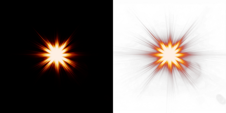 Bright explosion effect with vibrant orange and yellow colors radiating from the center, set against contrasting black and white backgrounds, ideal for dynamic graphic design projects