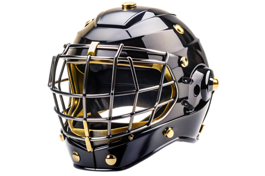 Glossy black hockey goalie mask with gold accents and metal cage, cutout, PNG isolated on white or transparent background - Powered by Adobe