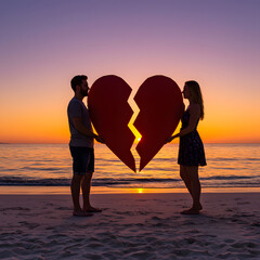 노을이 지는 해변가에서 하트조각을 맞추는 커플.