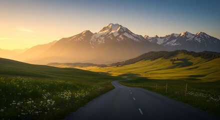 산으로 이어진 길과 드넓은 들판.