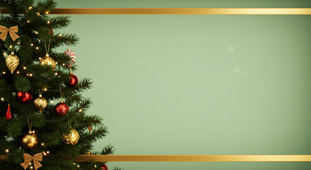 트리와 금색 리본으로 꾸민 크리스마스 배경.