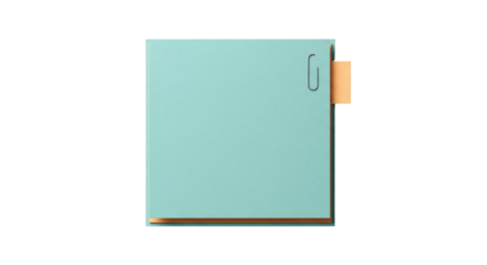 Isolated mint-color notepad with a paper clip and orange bookmark on the right edge of pages